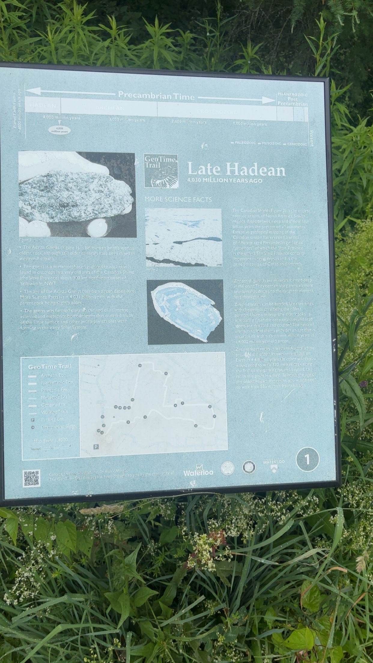Late Hadean interpretive sign at the Waterloo GeoTime Trail